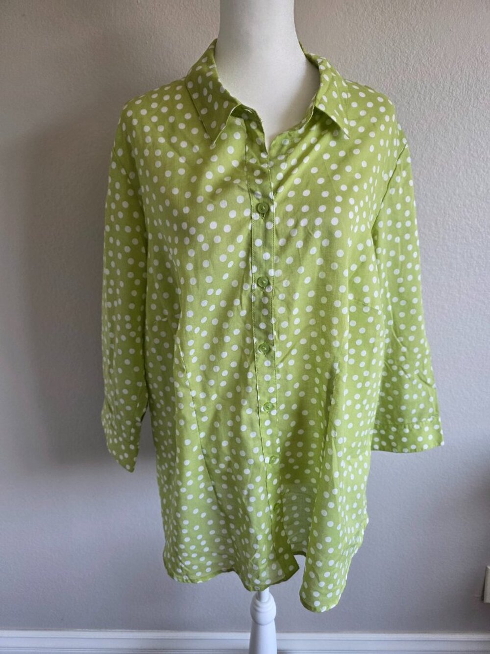 Coldwater Creek No Iron Blouse Button Shirt Green White Polka Dot Cotton 1X - XL